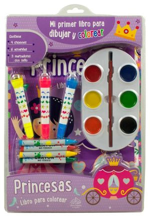 Mi primer libro para dibujar y colorear. Princesas (incluye 4 crayones, 6 acuarelas y 3 marcadores con sello)