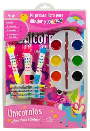 Mi primer libro para dibujar y colorear. Unicornios (incluye 4 crayones, 6 acuarelas y 3 marcadores con sello)