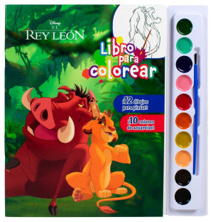 Disney El rey León. Libro para colorear (Incluye 12 dibujos para pintar + 10 colores de acuarela + un pincel)